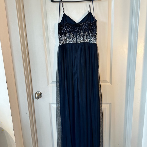 Adrianna Papell Navy Sequin Top Flowy Tulle Full Skirt Maxi Gown/ Dress, Size 4 - Picture 9 of 12